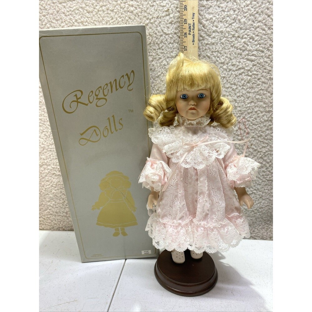 Regency Doll Marylou Bisque Porcelain 14" Blonde Curls Blu Eyes Pink Lace Org Bx